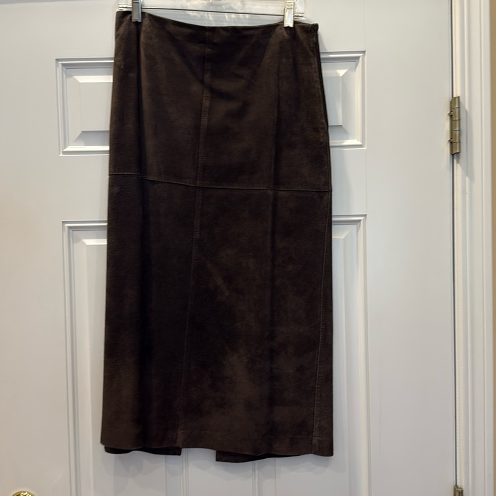 Brown suede leather skirt.